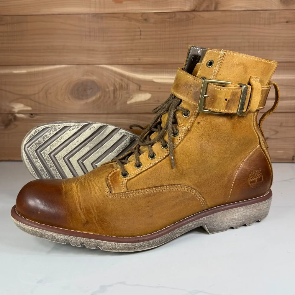 Timberland Earthkeepers Side Zip Buckle Boots Tan Leather‎ 5358R Mens 13